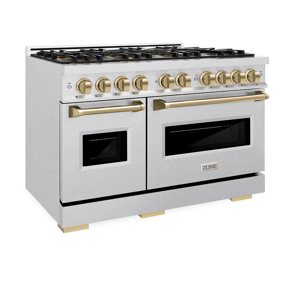Autograph Edition 48 In. 6.7 Cu. Ft. Classic Gas Range With 8 Burner Duopro™ Cooktop And Dual Ovens In Satin Stainless Steel And Champagne Bronze Accents PCGRSZ48CB