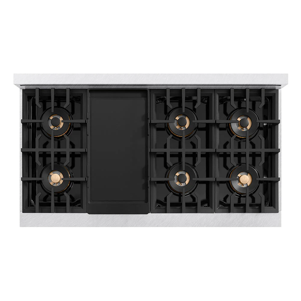 Autograph Edition 48 In. 6.7 Cu. Ft. Classic Gas Range With 8 Burner Duopro™ Cooktop And Dual Ovens In Satin Stainless Steel And Champagne Bronze Accents PCGRSZ48CB