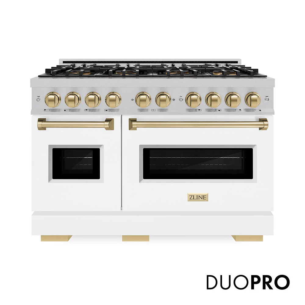 Autograph Edition 48 In. 6.7 Cu. Ft. Classic Gas Range With 8 Burner Duopro™ Cooktop And Dual Ovens In Satin Stainless Steel With White Matte Doors And Champagne Bronze Accents PCGRSZWM48CB