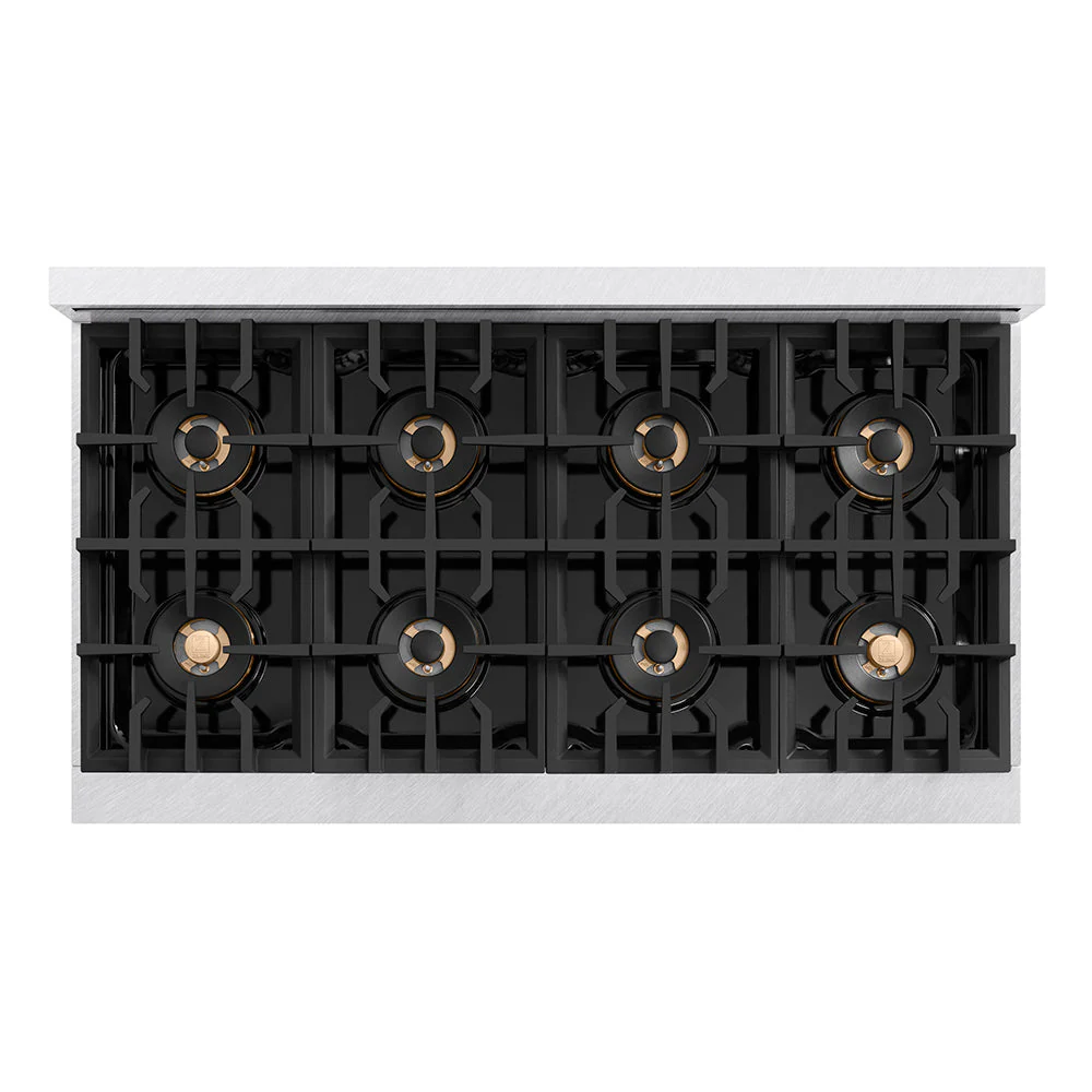 Autograph Edition 48 In. 6.7 Cu. Ft. Classic Gas Range With 8 Burner Duopro™ Cooktop And Dual Ovens In Satin Stainless Steel With White Matte Doors And Champagne Bronze Accents PCGRSZWM48CB