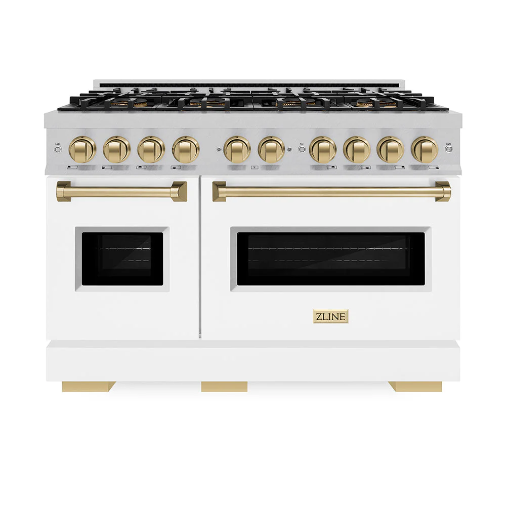 Autograph Edition 48 In. 6.7 Cu. Ft. Classic Gas Range With 8 Burner Duopro™ Cooktop And Dual Ovens In Satin Stainless Steel With White Matte Doors And Champagne Bronze Accents PCGRSZWM48CB