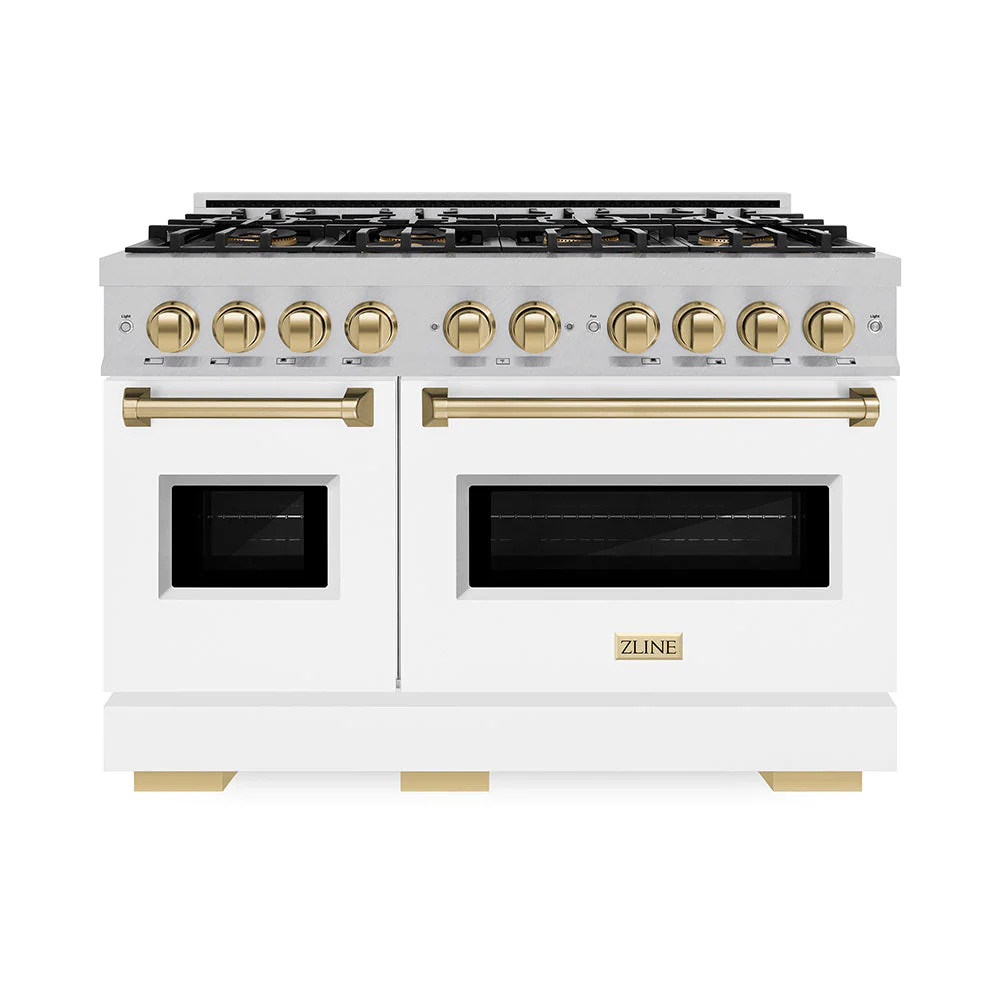 Autograph Edition 48 In. 6.7 Cu. Ft. Classic Gas Range With 8 Burner Duopro™ Cooktop And Dual Ovens In Satin Stainless Steel With White Matte Doors And Champagne Bronze Accents PCGRSZWM48CB