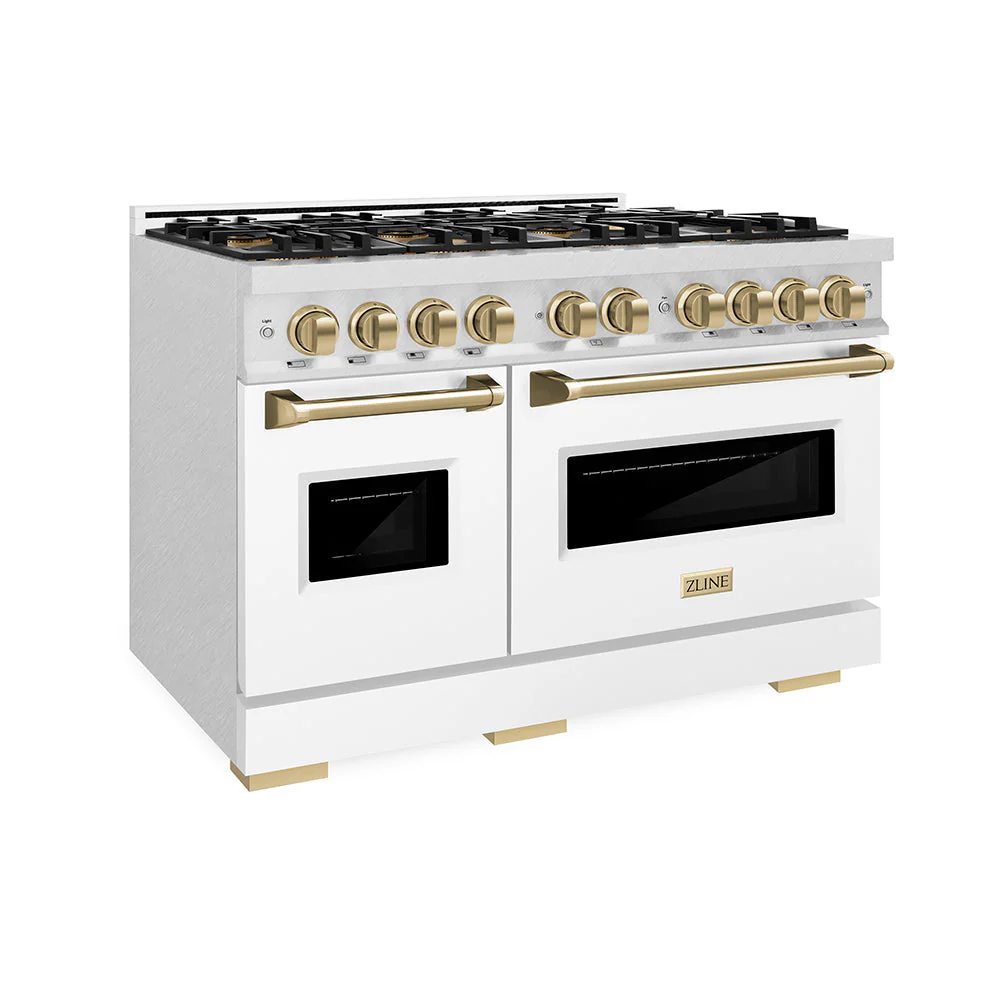 Autograph Edition 48 In. 6.7 Cu. Ft. Classic Gas Range With 8 Burner Duopro™ Cooktop And Dual Ovens In Satin Stainless Steel With White Matte Doors And Champagne Bronze Accents PCGRSZWM48CB
