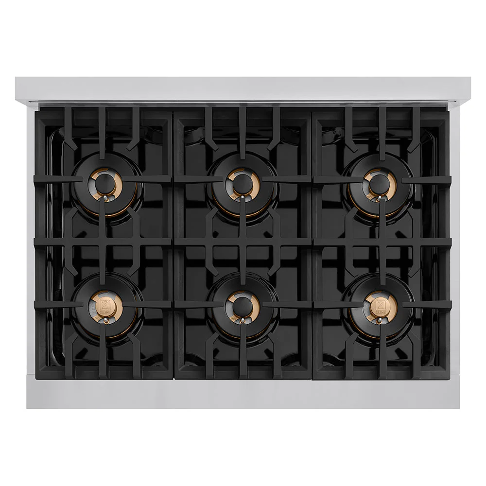 Autograph Edition 36 In. 5.2 Cu. Ft. Classic Gas Range With 6 Burner Duopro™ Cooktop And Convection Gas Oven In Stainless Steel And Champagne Bronze Accents PCGRZ36CB