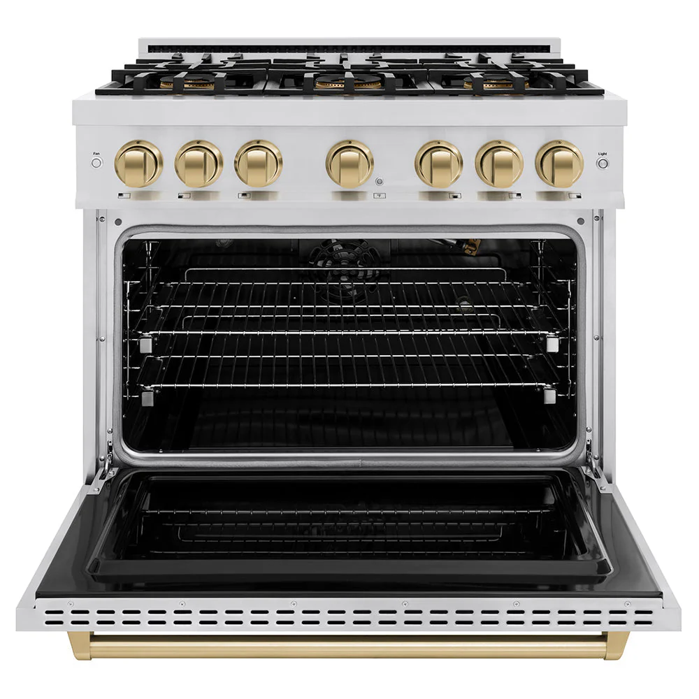 Autograph Edition 36 In. 5.2 Cu. Ft. Classic Gas Range With 6 Burner Duopro™ Cooktop And Convection Gas Oven In Stainless Steel And Champagne Bronze Accents PCGRZ36CB