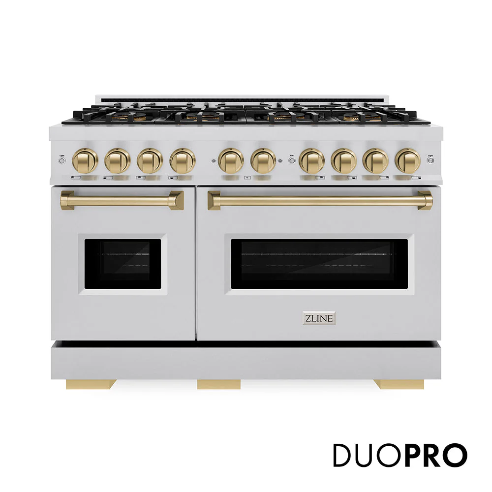 Autograph Edition 48 In. 6.7 Cu. Ft. Classic Gas Range With 8 Burner Duopro™ Cooktop And Dual Ovens In Stainless Steel And Champagne Bronze Accents PCGRZ48CB