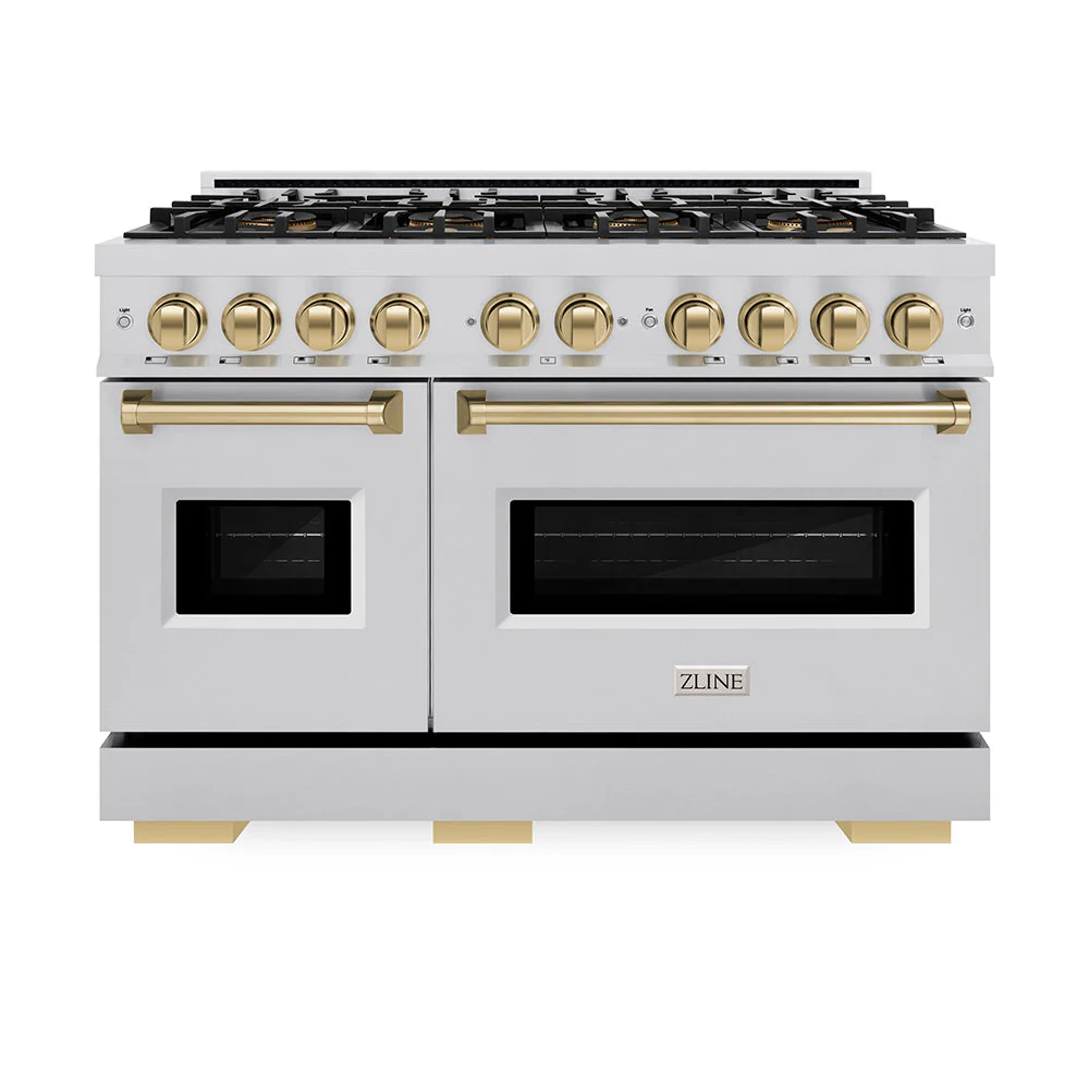Autograph Edition 48 In. 6.7 Cu. Ft. Classic Gas Range With 8 Burner Duopro™ Cooktop And Dual Ovens In Stainless Steel And Champagne Bronze Accents PCGRZ48CB