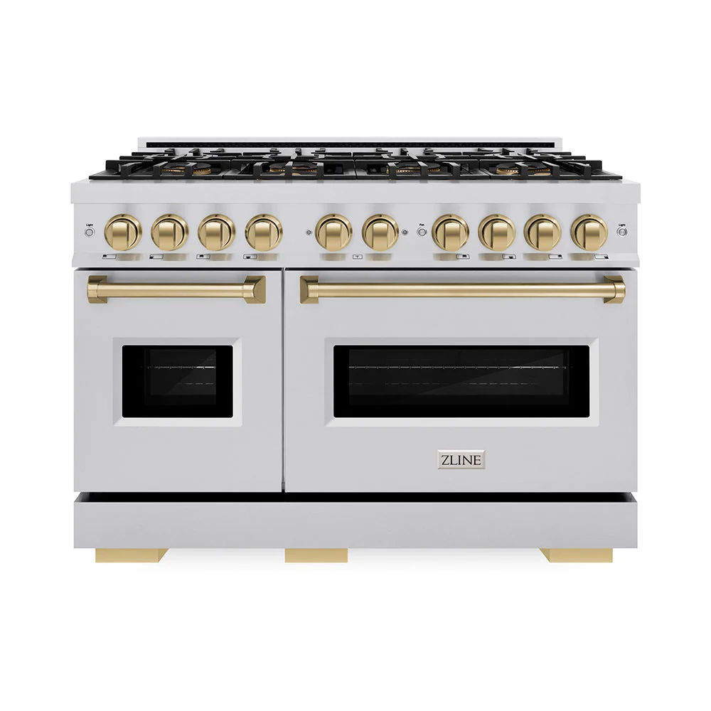 Autograph Edition 48 In. 6.7 Cu. Ft. Classic Gas Range With 8 Burner Duopro™ Cooktop And Dual Ovens In Stainless Steel And Champagne Bronze Accents PCGRZ48CB