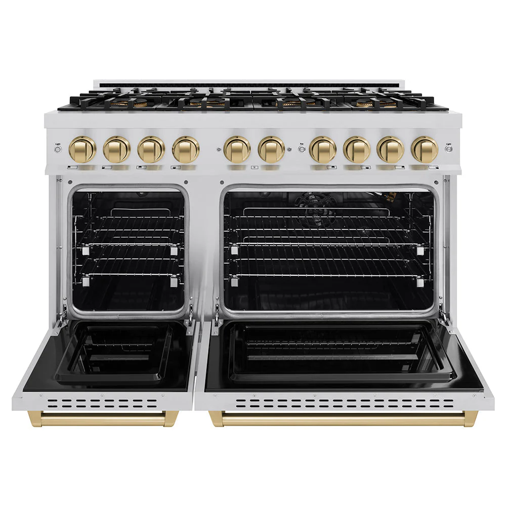 Autograph Edition 48 In. 6.7 Cu. Ft. Classic Gas Range With 8 Burner Duopro™ Cooktop And Dual Ovens In Stainless Steel And Champagne Bronze Accents PCGRZ48CB