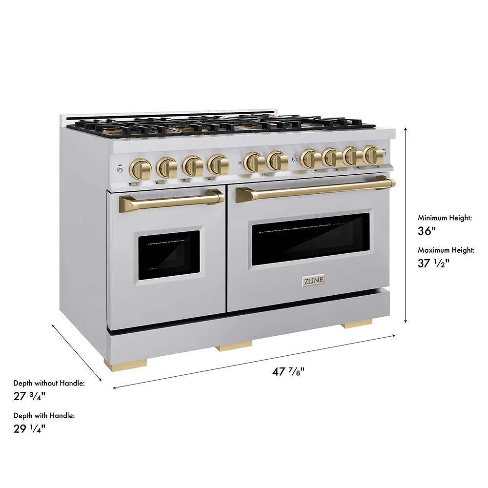 Autograph Edition 48 In. 6.7 Cu. Ft. Classic Gas Range With 8 Burner Duopro™ Cooktop And Dual Ovens In Stainless Steel And Champagne Bronze Accents PCGRZ48CB