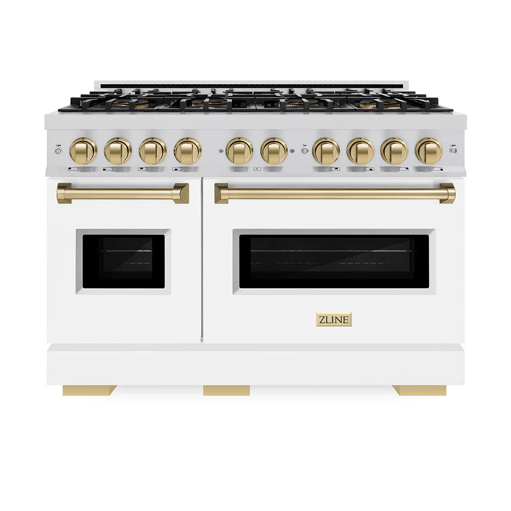 Autograph Edition 48 In. 6.7 Cu. Ft. Classic Gas Range With 8 Burner Duopro™ Cooktop And Dual Ovens With White Matte Doors And Champagne Bronze Accents PCGRZWM48CB