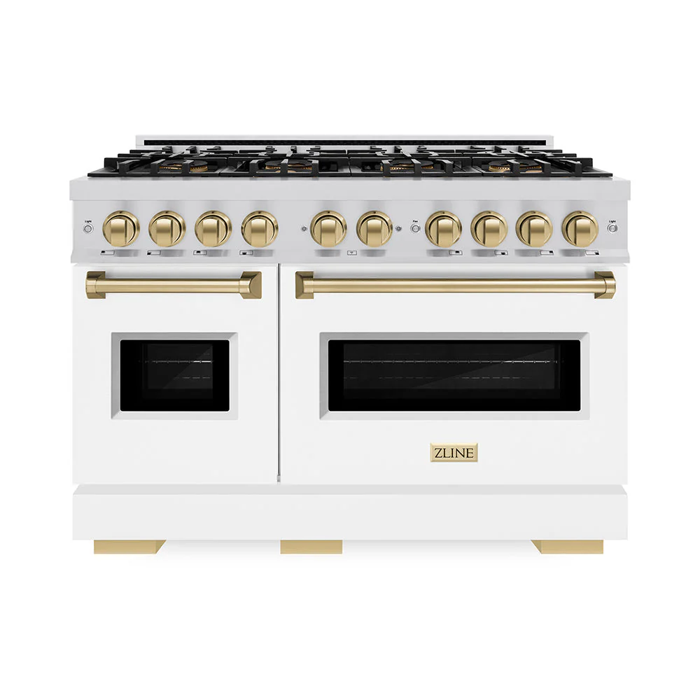 Autograph Edition 48 In. 6.7 Cu. Ft. Classic Gas Range With 8 Burner Duopro™ Cooktop And Dual Ovens With White Matte Doors And Champagne Bronze Accents PCGRZWM48CB