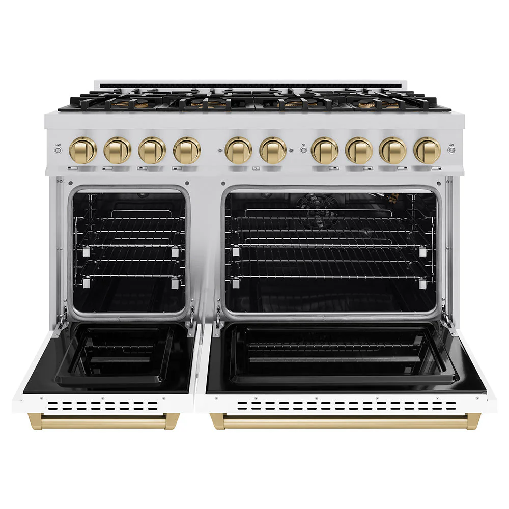 Autograph Edition 48 In. 6.7 Cu. Ft. Classic Gas Range With 8 Burner Duopro™ Cooktop And Dual Ovens With White Matte Doors And Champagne Bronze Accents PCGRZWM48CB