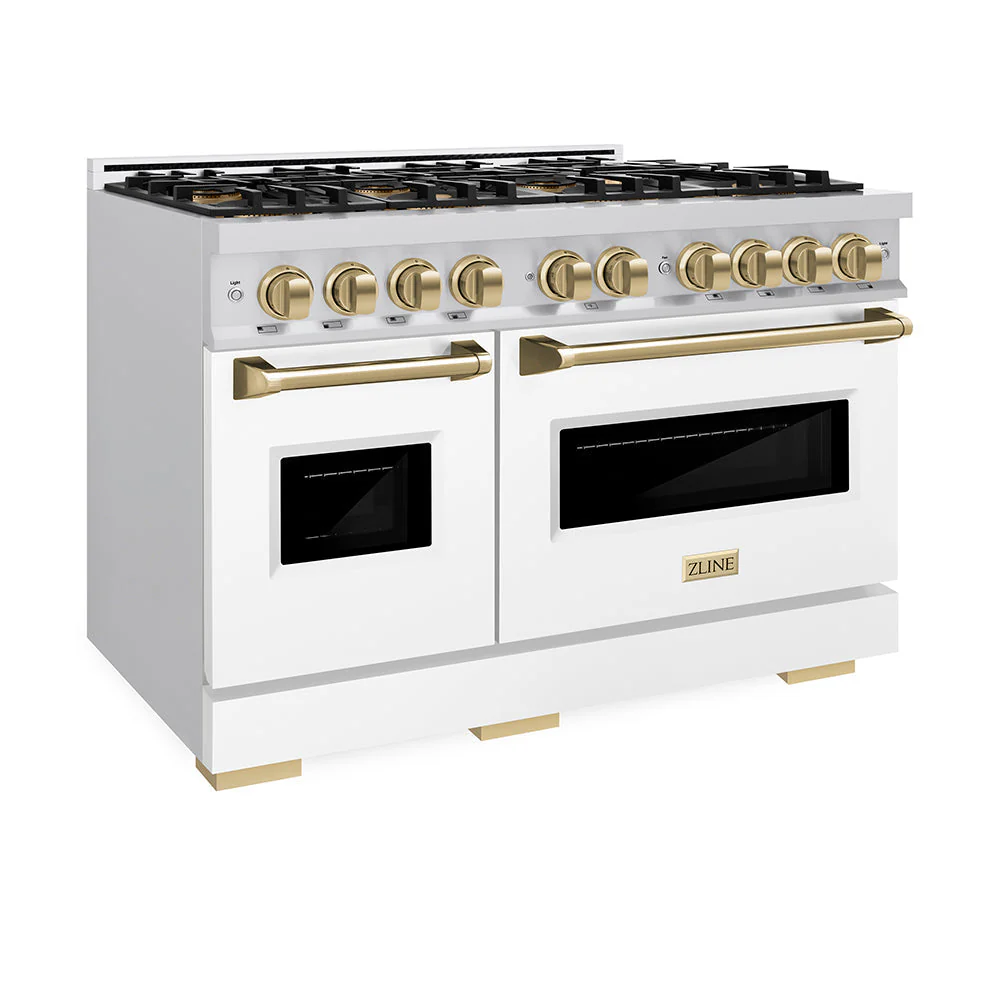 Autograph Edition 48 In. 6.7 Cu. Ft. Classic Gas Range With 8 Burner Duopro™ Cooktop And Dual Ovens With White Matte Doors And Champagne Bronze Accents PCGRZWM48CB