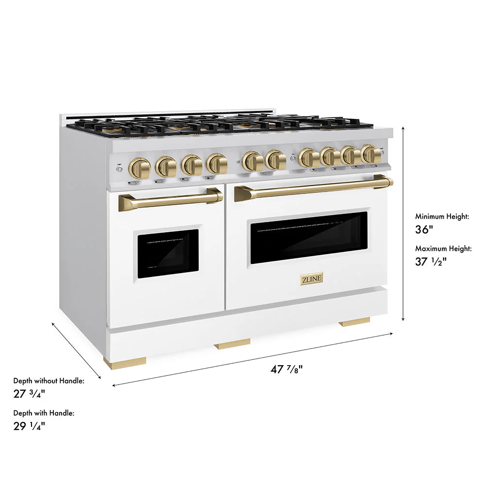 Autograph Edition 48 In. 6.7 Cu. Ft. Classic Gas Range With 8 Burner Duopro™ Cooktop And Dual Ovens With White Matte Doors And Champagne Bronze Accents PCGRZWM48CB