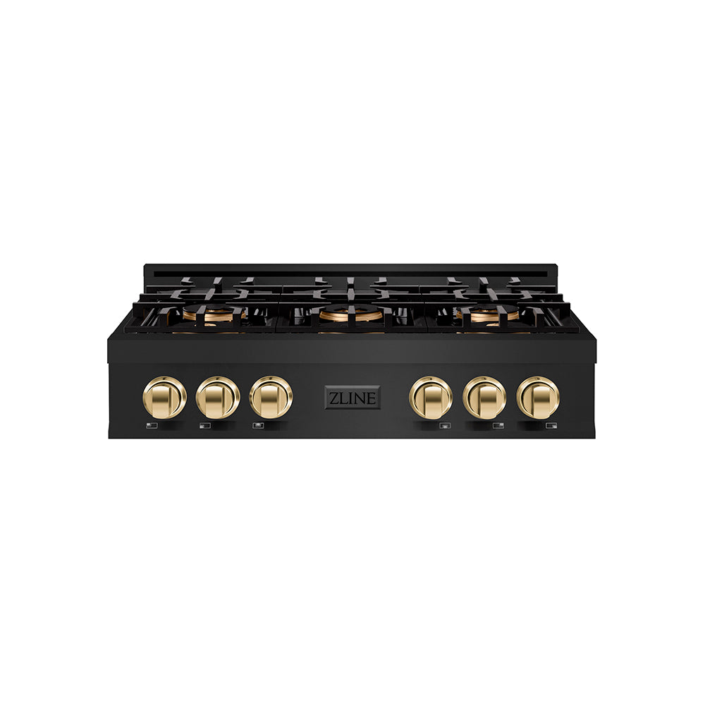 Autograph Edition 36 In. Classic Gas Rangetop With 6 Burner Duopro™ Cooktop In Black Stainless Steel And Polished Gold Accents PCRTBZ36G