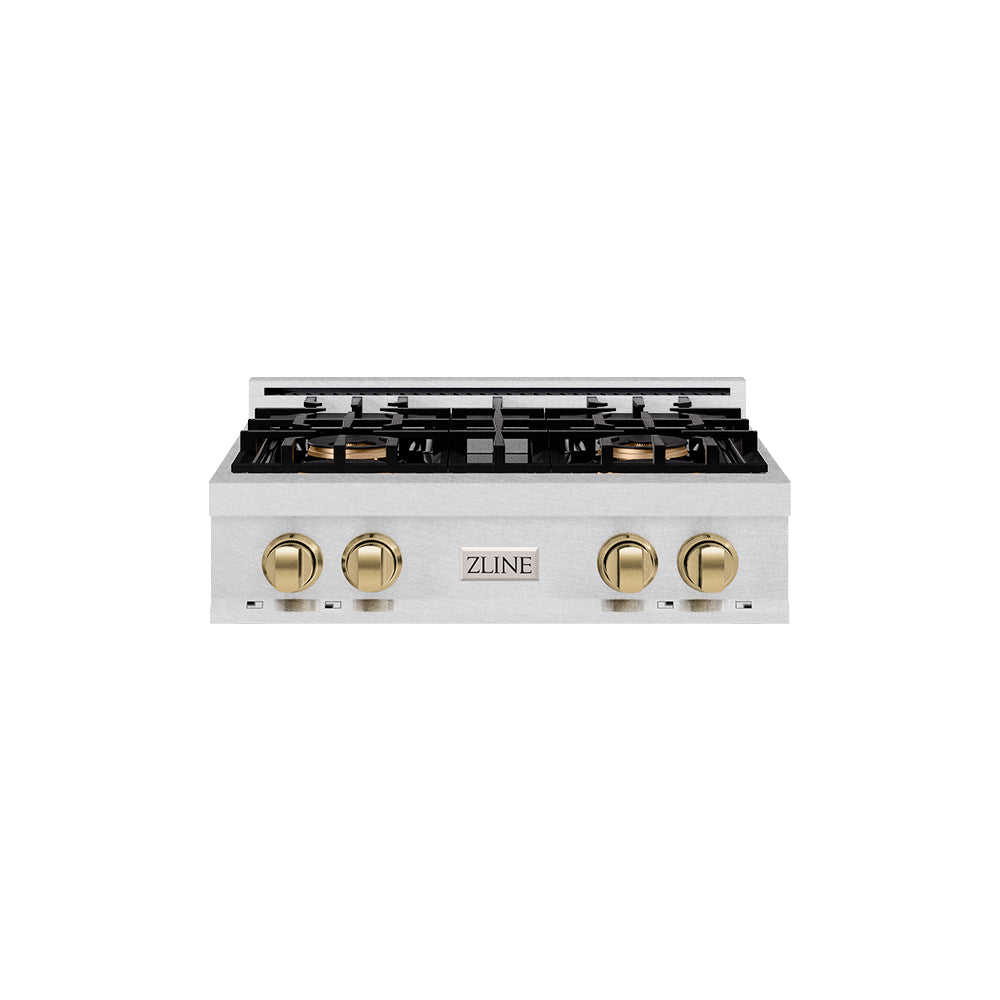 ZLINE Autograph Edition 30 in. Classic Gas Rangetop with 4 Burner DuoPro™ Cooktop in Satin Stainless Steel and Champagne Bronze Accents (PCRTSZ-30-CB) PCRTSZ30CB