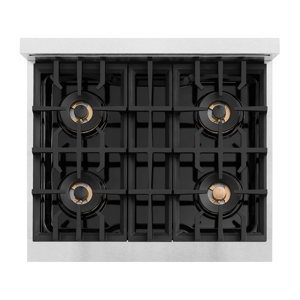 ZLINE Autograph Edition 30 in. Classic Gas Rangetop with 4 Burner DuoPro™ Cooktop in Satin Stainless Steel and Champagne Bronze Accents (PCRTSZ-30-CB) PCRTSZ30CB