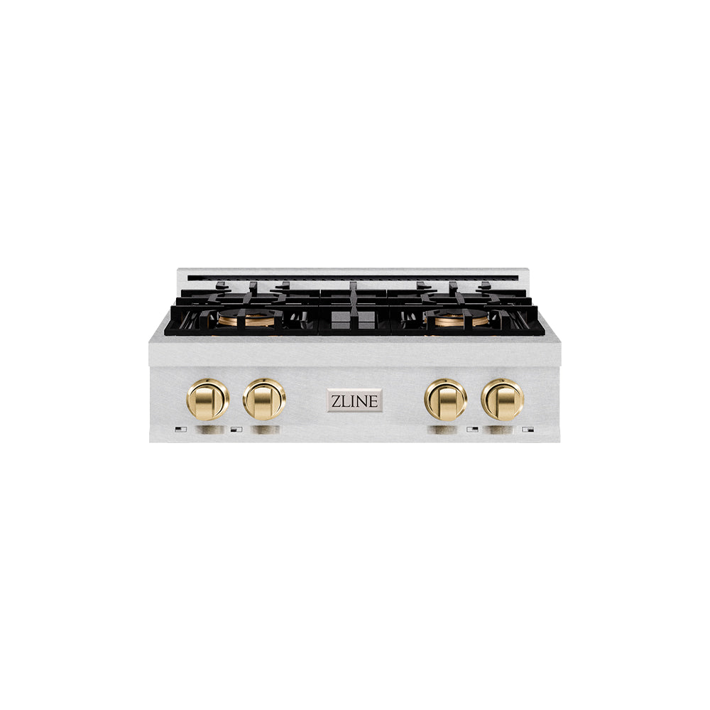 Autograph Edition 30 In. Classic Gas Rangetop With 4 Burner Duopro™ Cooktop In Satin Stainless Steel And Polished Gold Accents PCRTSZ30G