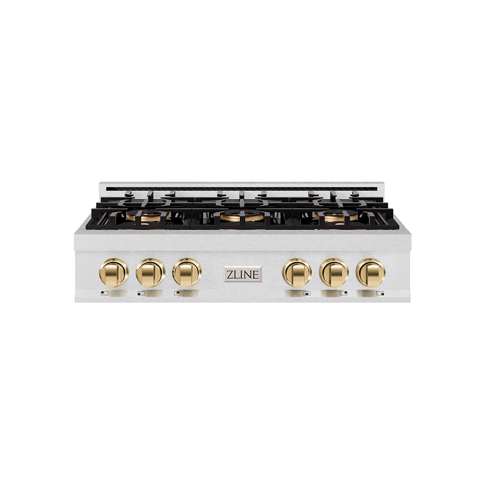 Autograph Edition 36 In. Classic Gas Rangetop With 6 Burner Duopro™ Cooktop In Satin Stainless Steel And Polished Gold Accents PCRTSZ36G