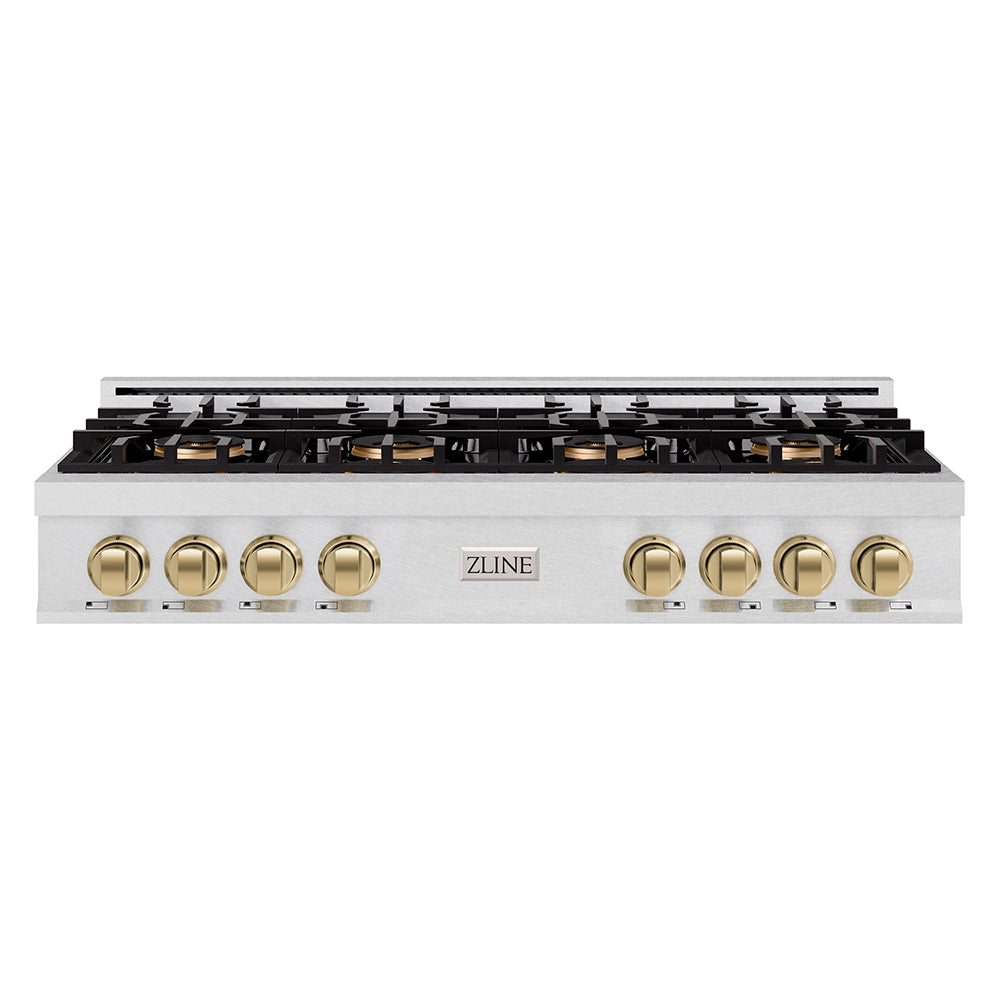 ZLINE Autograph Edition 48 in. Classic Gas Rangetop with 8 Burner DuoPro™ Cooktop in Satin Stainless Steel and Champagne Bronze Accents (PCRTSZ-48-CB) PCRTSZ48CB