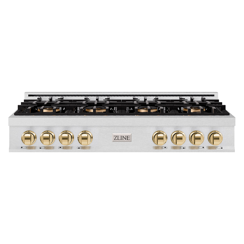 Autograph Edition 48 In. Classic Gas Rangetop With 8 Burner Duopro™ Cooktop In Satin Stainless Steel And Polished Gold Accents PCRTSZ48G
