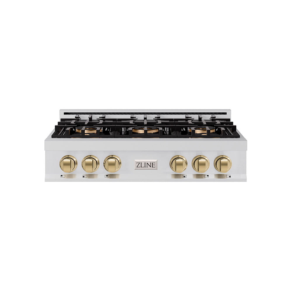Autograph Edition 36 In. Classic Gas Rangetop With 6 Burner Duopro™ Cooktop In Stainless Steel And Champagne Bronze Accents PCRTZ36CB