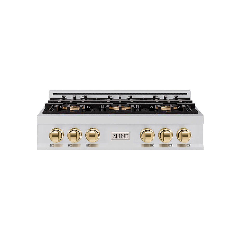 Autograph Edition 36 In. Classic Gas Rangetop With 6 Burner Duopro™ Cooktop In Stainless Steel And Polished Gold Accents PCRTZ36G