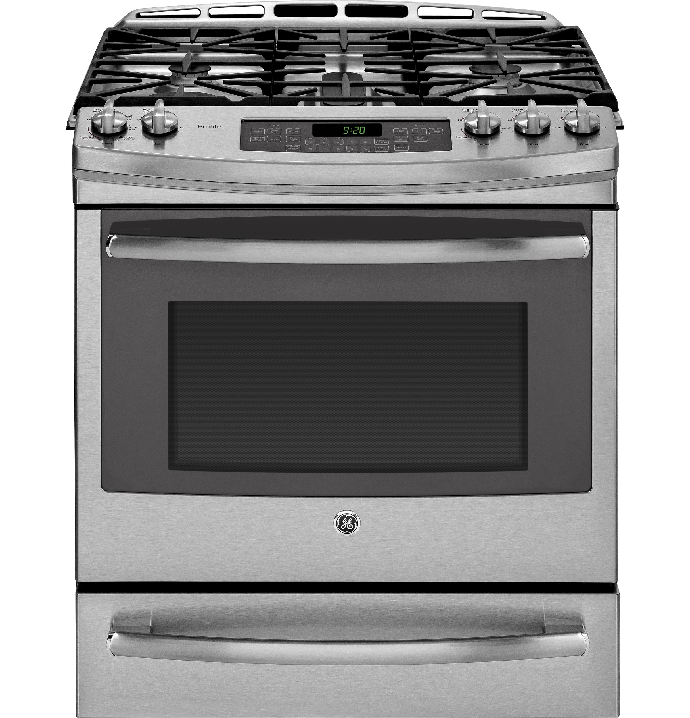 GE Profile Series 30" Slide-In Front Control Gas Range with Warming Drawer Stainless Steel/Gray PGS920SEFSS Picture 1