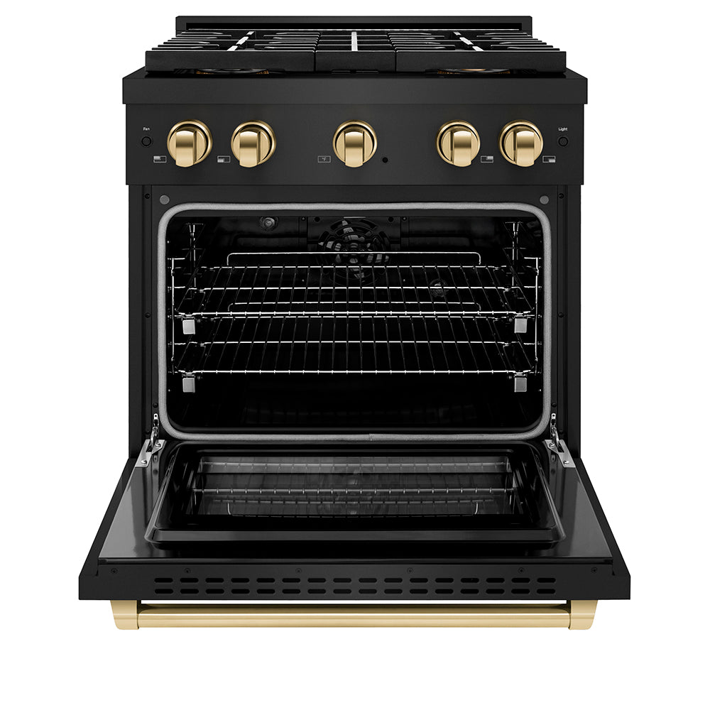 Autograph Edition 30 In. 4.2 Cu. Ft. Paramount Dual Fuel Range With 4 Burner Duopro™ Cooktop And Electric Convection Oven In Black Stainless Steel And Polished Gold Accents PSDRBZ30G