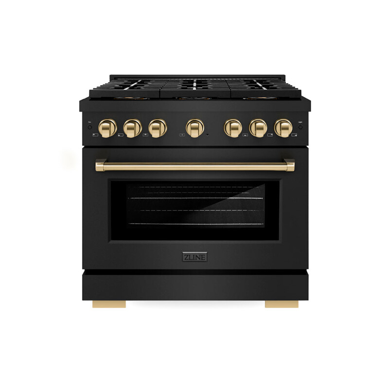Autograph Edition 36 In. 5.2 Cu. Ft. Paramount Dual Fuel Range With 6 Burner Duopro™ Cooktop And Electric Convection Oven In Black Stainless Steel And Polished Gold Accents PSDRBZ36G