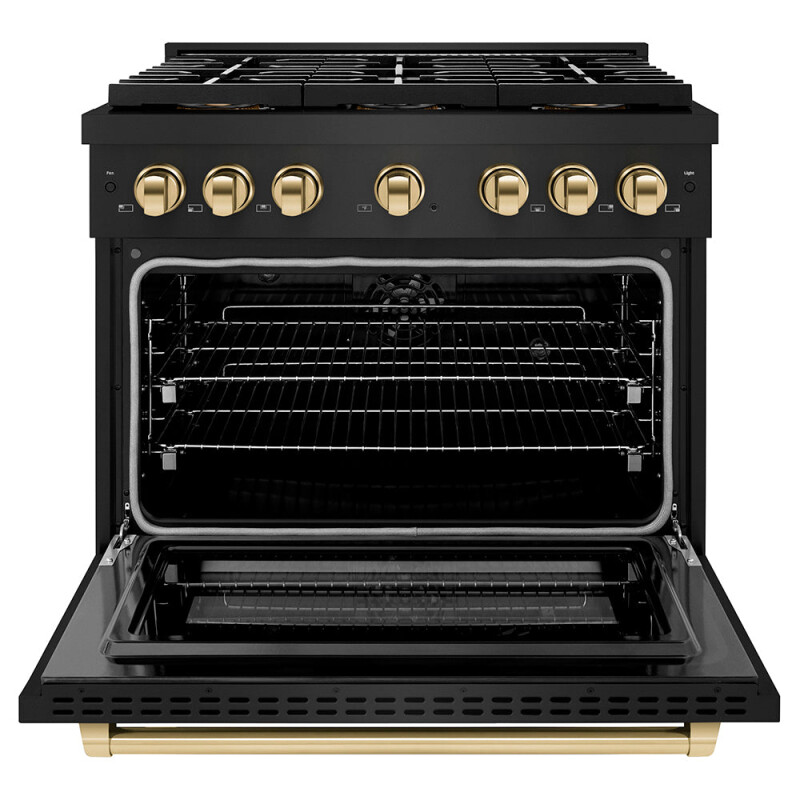 Autograph Edition 36 In. 5.2 Cu. Ft. Paramount Dual Fuel Range With 6 Burner Duopro™ Cooktop And Electric Convection Oven In Black Stainless Steel And Polished Gold Accents PSDRBZ36G