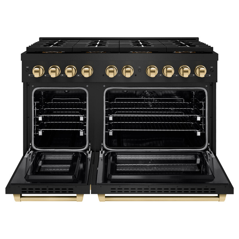 Autograph Edition 48 In. 6.7 Cu. Ft. Paramount Dual Fuel Range With 8 Burner Duopro™ Cooktop And Dual Ovens In Black Stainless Steel And Polished Gold Accents PSDRBZ48G