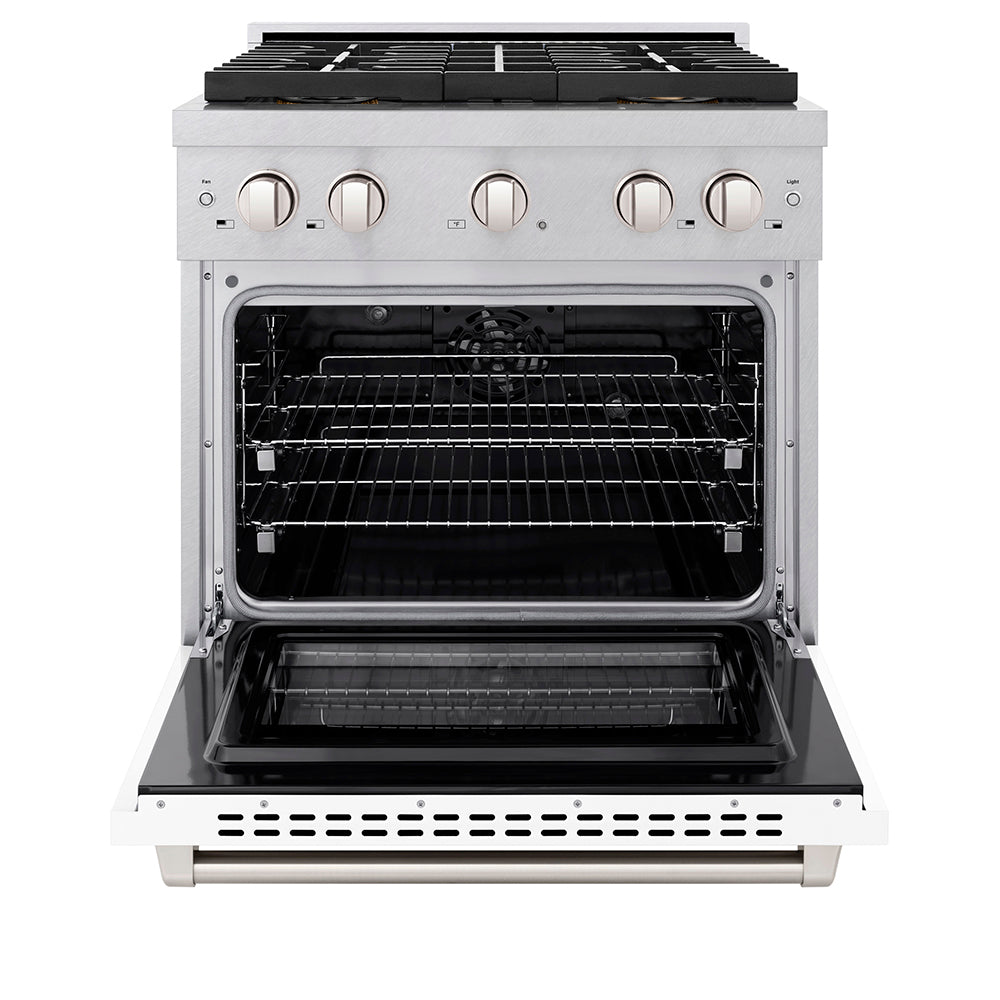 30 In. 4.2 Cu. Ft. Paramount Dual Fuel Range With 4 Burner Duopro™ Cooktop And Electric Convection Oven In Satin Stainless Steel With White Matte Door PSDRSWM30