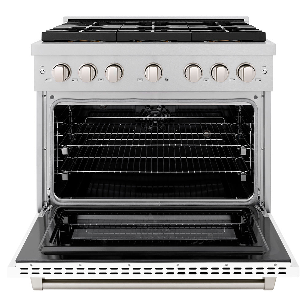 36 In. 5.2 Cu. Ft. Paramount Dual Fuel Range With 6 Burner Duopro™ Cooktop And Electric Convection Oven In Satin Stainless Steel With White Matte Door PSDRSWM36