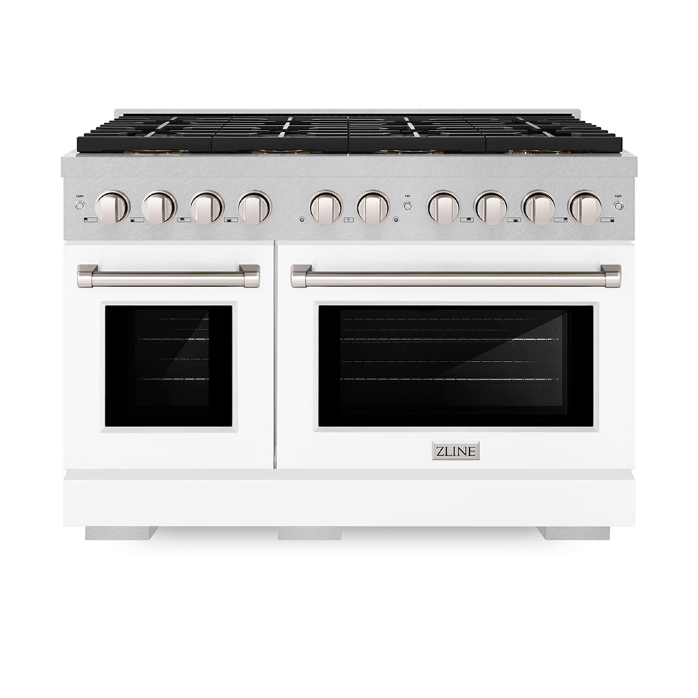 ZLINE 48 in. 6.7 cu. ft. Paramount Dual Fuel Range with 8 Burner DuoPro™ Cooktop and Dual Ovens in Satin Stainless Steel with White Matte Doors (PSDRS-WM-48) PSDRSWM48