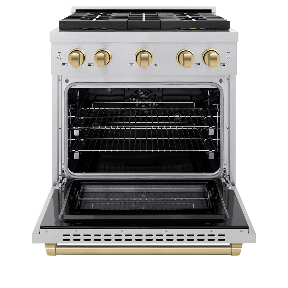 Autograph Edition 30 In. 4.2 Cu. Ft. Paramount Dual Fuel Range With 4 Burner Duopro™ Cooktop And Electric Convection Oven In Satin Stainless Steel And Champagne Bronze Accents PSDRSZ30CB