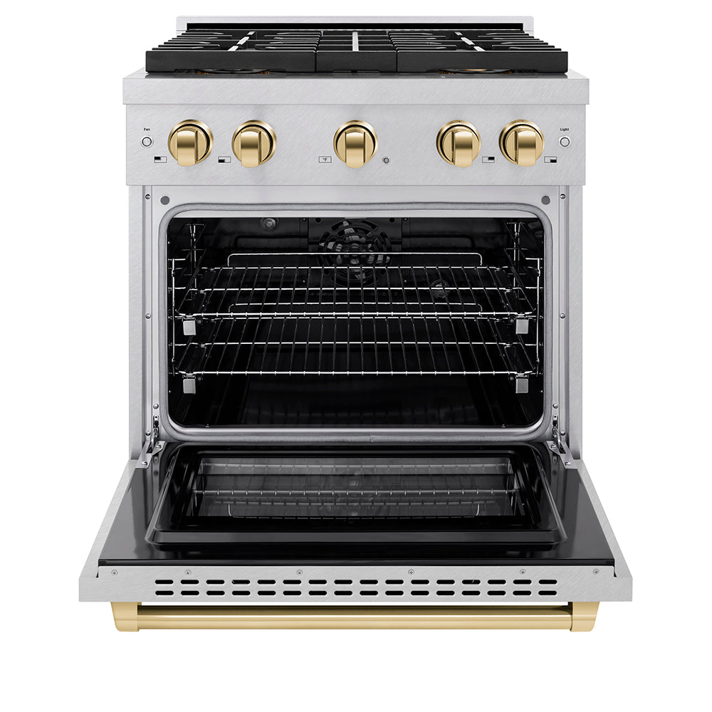 Autograph Edition 30 In. 4.2 Cu. Ft. Paramount Dual Fuel Range With 4 Burner Duopro™ Cooktop And Electric Convection Oven In Satin Stainless Steel And Polished Gold Accents PSDRSZ30G