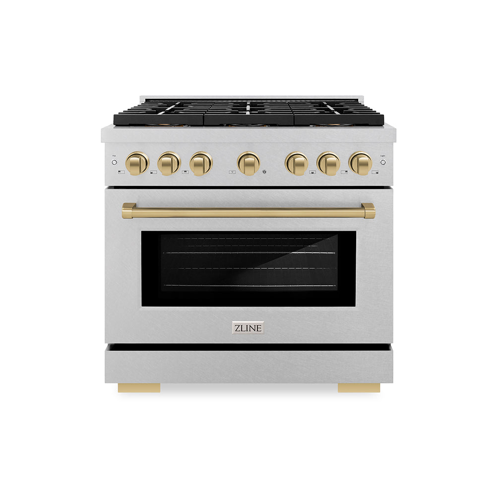 Autograph Edition 36 In. 5.2 Cu. Ft. Paramount Dual Fuel Range With 6 Burner Duopro™ Cooktop And Electric Convection Oven In Satin Stainless Steel And Champagne Bronze Accents PSDRSZ36CB