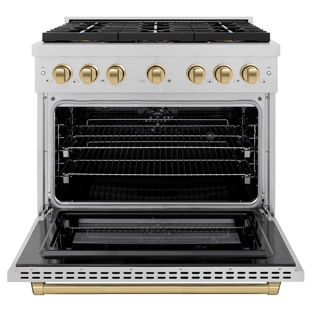 Autograph Edition 36 In. 5.2 Cu. Ft. Paramount Dual Fuel Range With 6 Burner Duopro™ Cooktop And Electric Convection Oven In Satin Stainless Steel And Champagne Bronze Accents PSDRSZ36CB