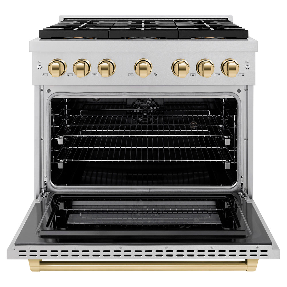 Autograph Edition 36 In. 5.2 Cu. Ft. Paramount Dual Fuel Range With 6 Burner Duopro™ Cooktop And Electric Convection Oven In Satin Stainless Steel And Polished Gold Accents PSDRSZ36G