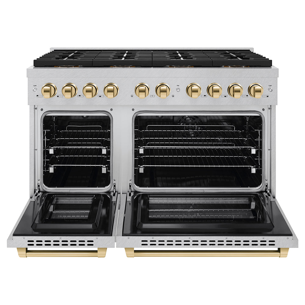 Autograph Edition 48 In. 6.7 Cu. Ft. Paramount Dual Fuel Range With 8 Burner Duopro™ Cooktop And Dual Ovens In Satin Stainless Steel And Polished Gold Accents PSDRSZ48G