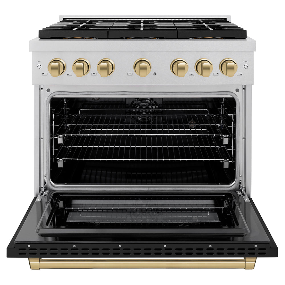 Autograph Edition 36 In. 5.2 Cu. Ft. Paramount Dual Fuel Range With 6 Burner Duopro™ Cooktop And Electric Convection Oven In Satin Stainless Steel With Black Matte Door And Champagne Bronze A PSDRSZBLM36CB