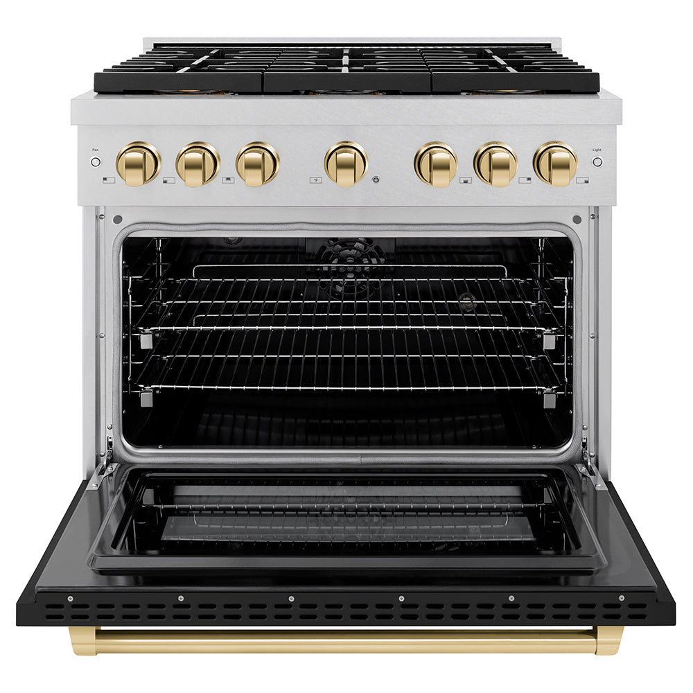 Autograph Edition 36 In. 5.2 Cu. Ft. Paramount Dual Fuel Range With 6 Burner Duopro™ Cooktop And Electric Convection Oven In Satin Stainless Steel With Black Matte Door And Polished Gold Acce PSDRSZBLM36G