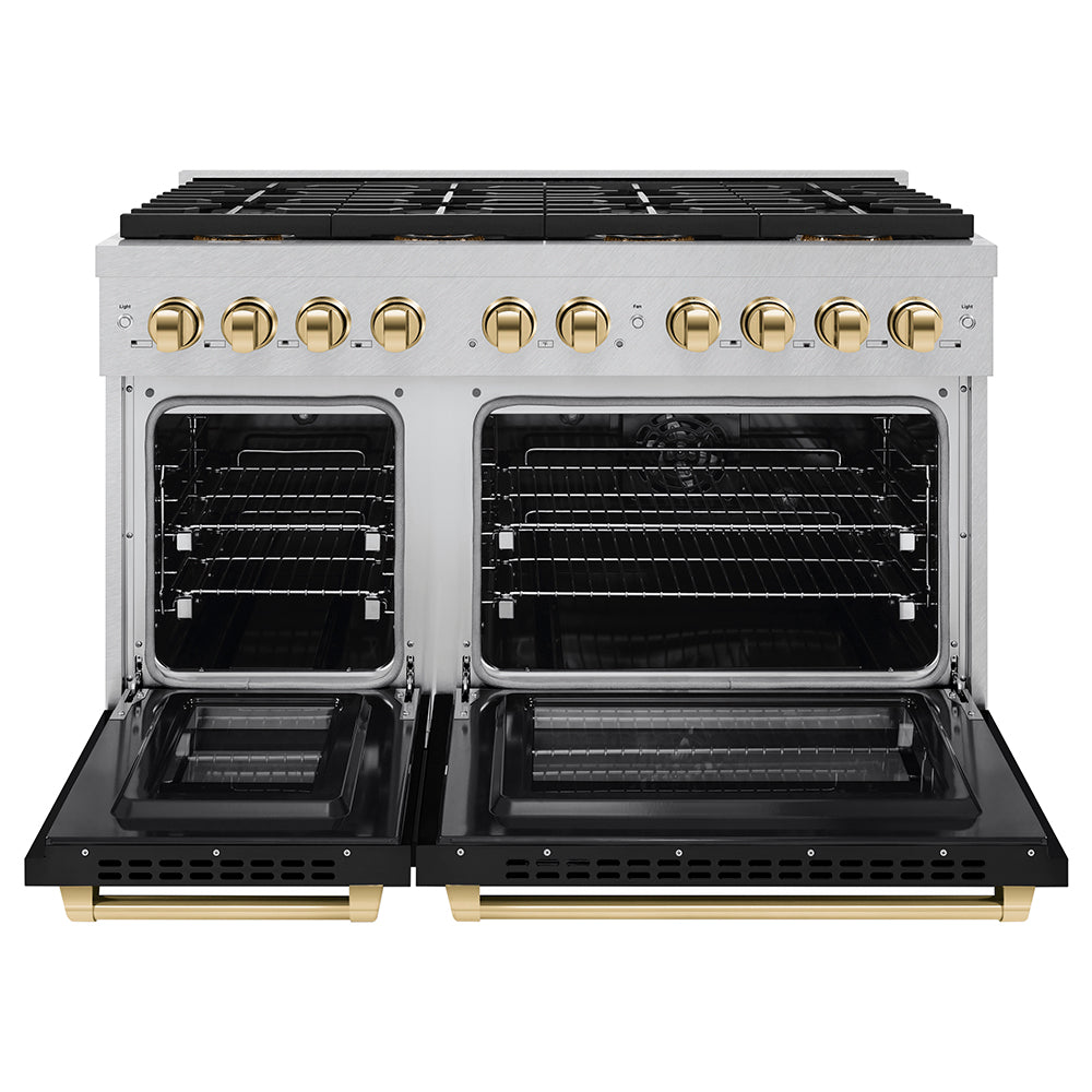 Autograph Edition 48 In. 6.7 Cu. Ft. Paramount Dual Fuel Range With 8 Burner Duopro™ Cooktop And Dual Ovens In Satin Stainless Steel With Black Matte Doors And Polished Gold Accents PSDRSZBLM48G