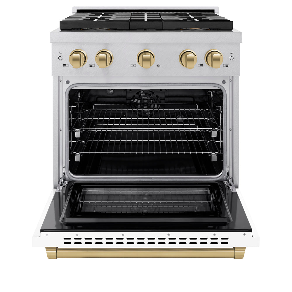 Autograph Edition 30 In. 4.2 Cu. Ft. Paramount Dual Fuel Range With 4 Burner Duopro™ Cooktop And Electric Convection Oven In Satin Stainless Steel With White Matte Door And Champagne Bronze A PSDRSZWM30CB