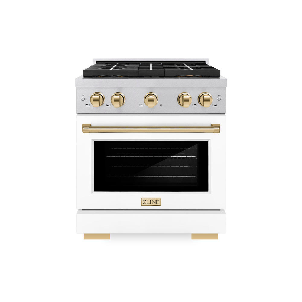 ZLINE Autograph Edition 30 in. 4.2 cu. ft. Paramount Dual Fuel Range with 4 Burner DuoPro™ Cooktop and Electric Convection Oven in Satin Stainless Steel with White Matte Door and Polished Gol