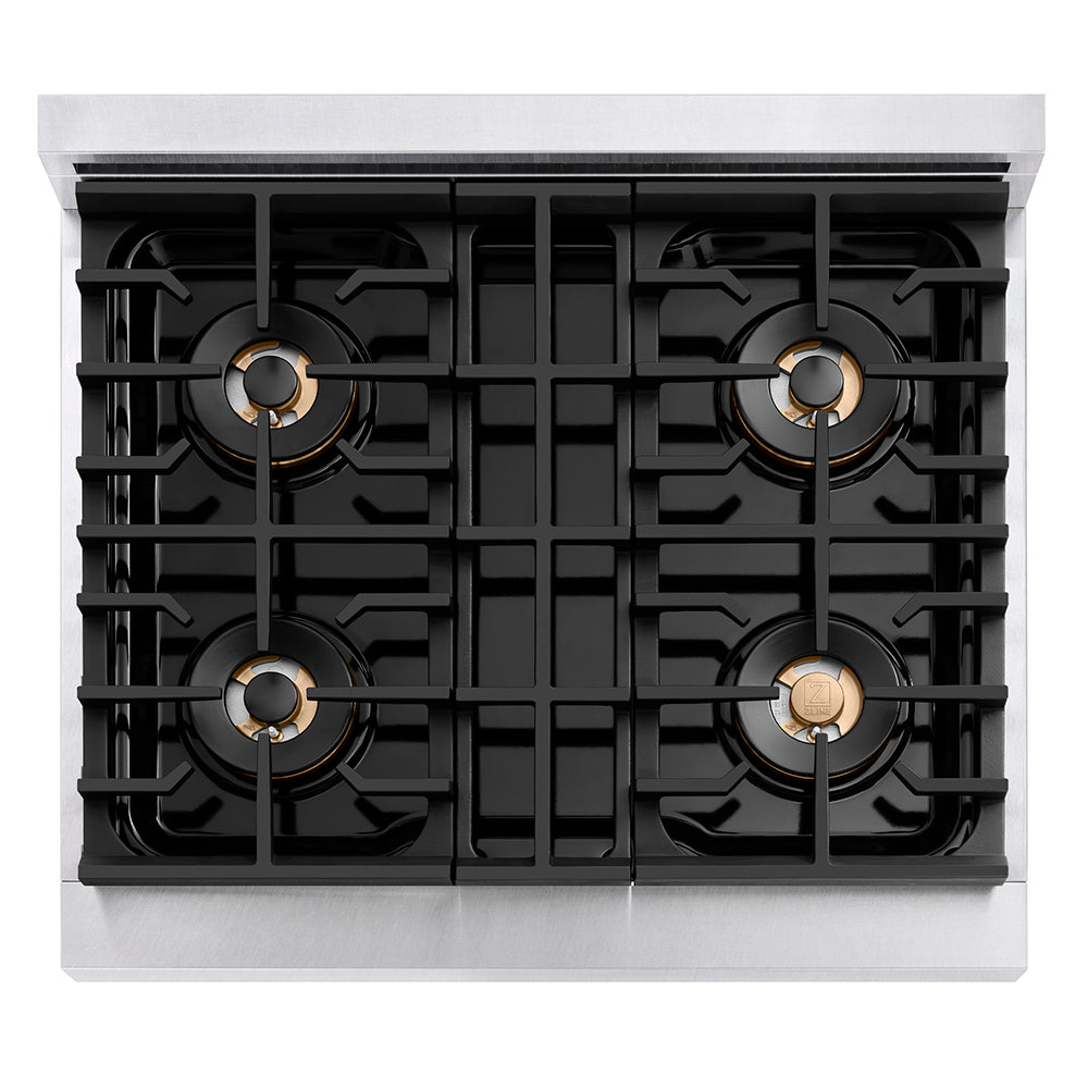 ZLINE Autograph Edition 30 in. 4.2 cu. ft. Paramount Dual Fuel Range with 4 Burner DuoPro™ Cooktop and Electric Convection Oven in Satin Stainless Steel with White Matte Door and Polished Gol PSDRSZWM30G