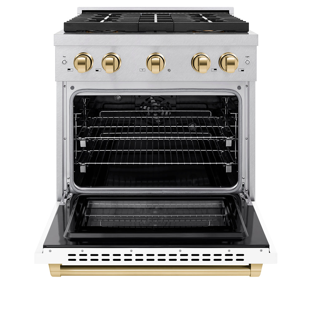 ZLINE Autograph Edition 30 in. 4.2 cu. ft. Paramount Dual Fuel Range with 4 Burner DuoPro™ Cooktop and Electric Convection Oven in Satin Stainless Steel with White Matte Door and Polished Gol PSDRSZWM30G