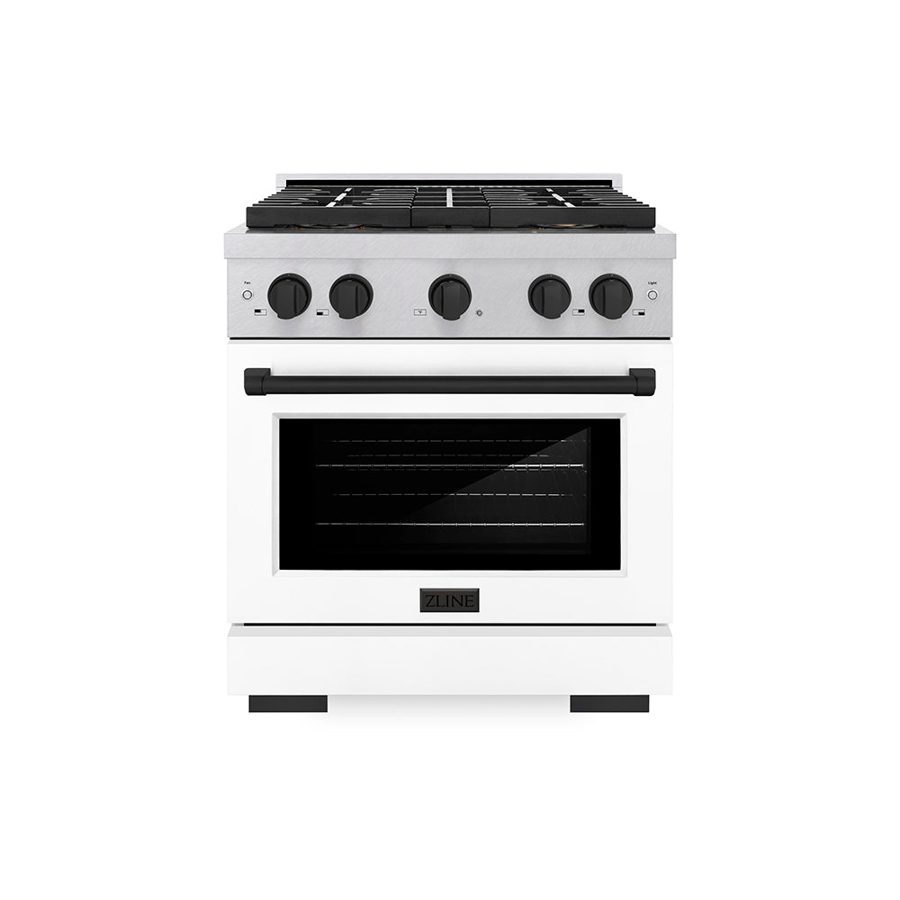 ZLINE Autograph Edition 30 in. 4.2 cu. ft. Paramount Dual Fuel Range with 4 Burner DuoPro™ Cooktop and Electric Convection Oven in Satin Stainless Steel with White Matte Door and Matte Black 